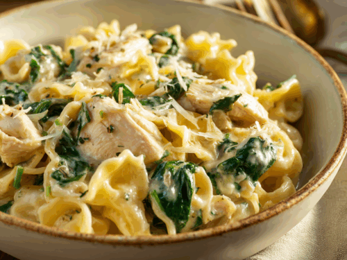 Creamy Garlic Chicken Thigh Pasta with Spinach – Easy One-Pan Italian-Inspired Dinner