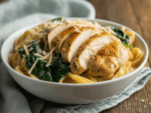 Creamy Garlic Chicken Thigh Pasta with Spinach – Easy One-Pan Italian-Inspired Dinner