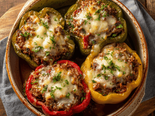 Classic Ground Beef Stuffed Bell Peppers with Rice & Cheese — Family-Friendly One-Dish Dinner