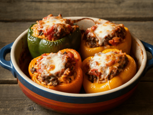 Classic Ground Beef Stuffed Bell Peppers with Rice & Cheese — Family-Friendly One-Dish Dinner