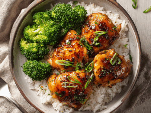 Juicy Honey Garlic Chicken Thighs – Sweet & Savory One-Pan Dinner with Rice & Broccoli