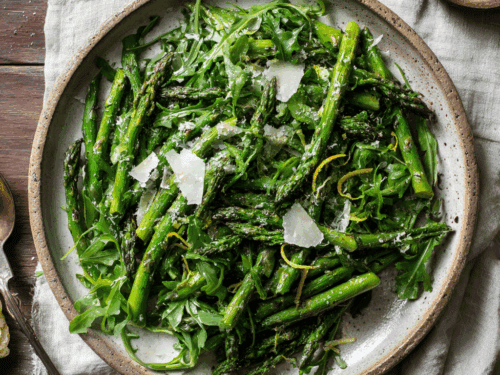 Lemon-Garlic Roasted Asparagus Salad with Arugula & Parmesan – Quick & Healthy Spring Side Dish