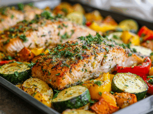 Garlic Herb Salmon Sheet Pan Dinner with Roasted Sweet Potatoes & Zucchini