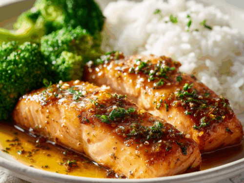 Honey Garlic Glazed Salmon with Steamed Broccoli & Fluffy Rice – Easy Healthy One-Pan Dinner
