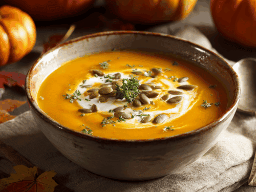 A cozy bowl of creamy pumpkin soup made with canned pumpkin, garnished with a drizzle of cream and toasted pumpkin seeds, placed on a rustic wooden table with a soft autumn-themed kitchen cloth, surrounded by small pumpkins and fall leaves, warm natural lighting, no utensils, focus on the dish, not the background, soft shadows, #platemehappy
