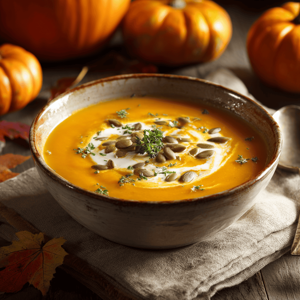 A cozy bowl of creamy pumpkin soup made with canned pumpkin, garnished with a drizzle of cream and toasted pumpkin seeds, placed on a rustic wooden table with a soft autumn-themed kitchen cloth, surrounded by small pumpkins and fall leaves, warm natural lighting, no utensils, focus on the dish, not the background, soft shadows, #platemehappy