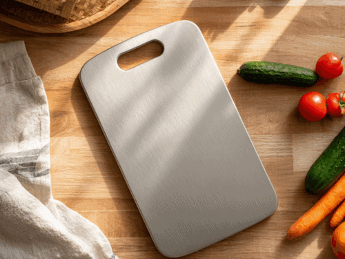 pinterest 2:3 vertical image, bright overhead flat-lay in a rustic modern kitchen, light wooden countertop, soft natural daylight, a single rectangular titanium cutting board with a long oval handle placed directly on the wood surface, smooth cool titanium texture, a few simple vegetables arranged nearby such as cherry tomatoes, a cucumber, and a carrot, clean and minimal layout, a neatly folded kitchen towel beside the board, bright airy lighting with soft shadows, fresh cozy atmosphere, no people, no knives, no utensils, no additional cutting boards,