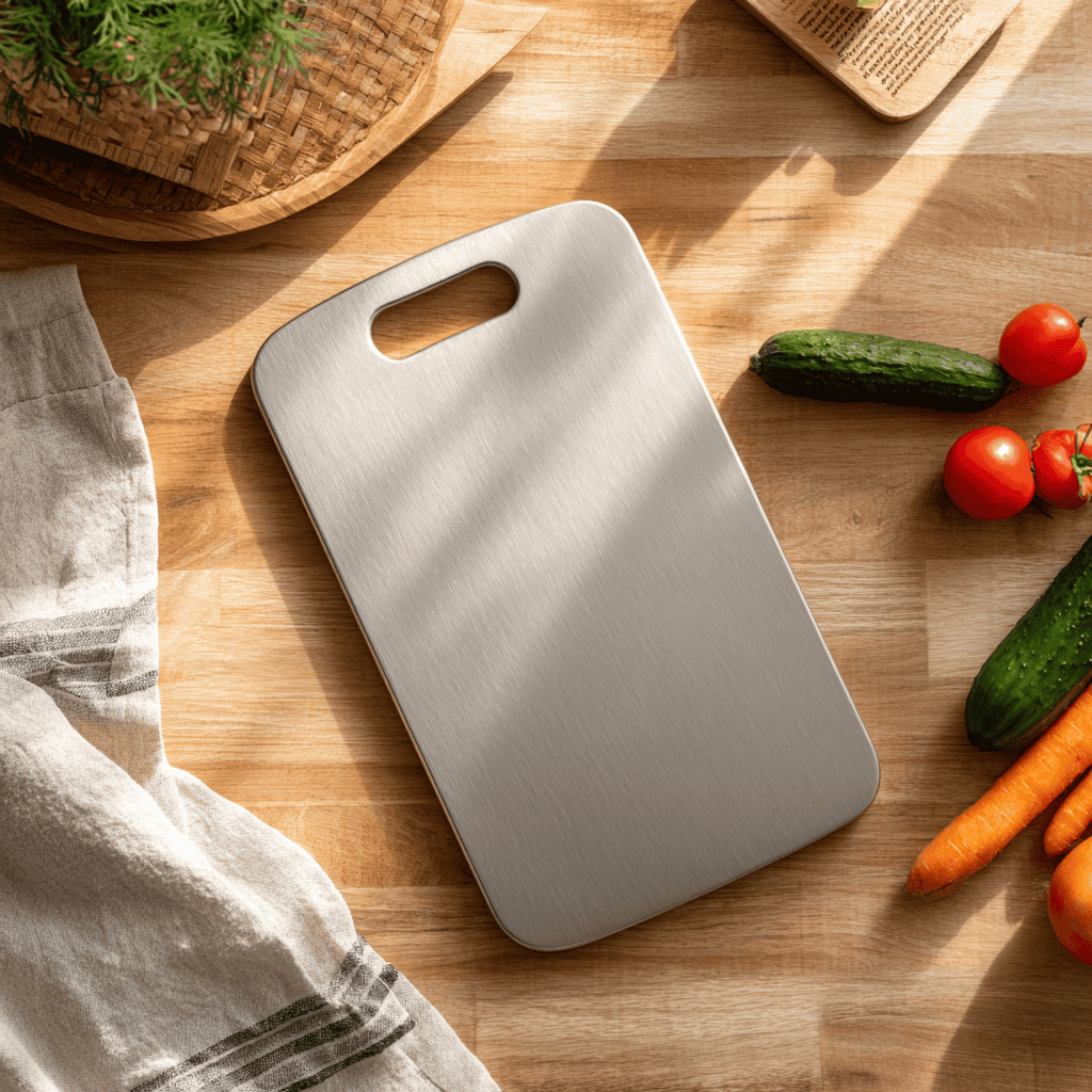 pinterest 2:3 vertical image, bright overhead flat-lay in a rustic modern kitchen, light wooden countertop, soft natural daylight, a single rectangular titanium cutting board with a long oval handle placed directly on the wood surface, smooth cool titanium texture, a few simple vegetables arranged nearby such as cherry tomatoes, a cucumber, and a carrot, clean and minimal layout, a neatly folded kitchen towel beside the board, bright airy lighting with soft shadows, fresh cozy atmosphere, no people, no knives, no utensils, no additional cutting boards,