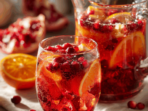Festive holiday fruit mocktail in a clear glass pitcher and glasses, vibrant red and orange tones, visible floating cranberries, citrus slices, and pomegranate seeds, sparkling bubbles, light condensation on glass, cozy holiday kitchen setting, soft natural light, subtle winter cloth in background, no utensils, home-style and slightly imperfect, realistic, not overly styled, refreshing and inviting, shallow depth of field, Pinterest-friendly composition,