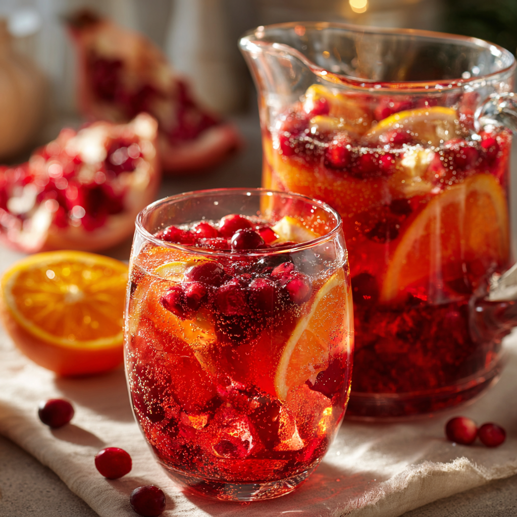 Festive holiday fruit mocktail in a clear glass pitcher and glasses, vibrant red and orange tones, visible floating cranberries, citrus slices, and pomegranate seeds, sparkling bubbles, light condensation on glass, cozy holiday kitchen setting, soft natural light, subtle winter cloth in background, no utensils, home-style and slightly imperfect, realistic, not overly styled, refreshing and inviting, shallow depth of field, Pinterest-friendly composition,