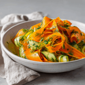 A fresh carrot ribbon salad served in a simple white ceramic bowl, very thin, narrow carrot ribbons cut into short lengths, thin cucumber ribbons shaved with a peeler, also short and realistic, naturally curled and layered together, lightly coated in a glossy lemon-ginger olive oil dressing with visible sheen, finely chopped parsley and dill scattered throughout, vibrant but natural orange and green tones, minimal ingredients, not overcrowded, imperfect home-style plating, ribbons look hand-shaved, not wide, not endless, dish-forward composition filling most of the frame, a soft summer kitchen towel in muted linen tones placed loosely in the background for subtle color, neutral surface, soft natural daylight, gentle shadows, modern cozy aesthetic, realistic editorial food photography, no utensils, no hands, no steam, no text, no props besides the towel, no people, shallow depth of field,